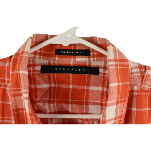 Sean John Mens XL Button Down Pocket Red and White Plaid Shirt Tailored Fit - Picture 3 of 8